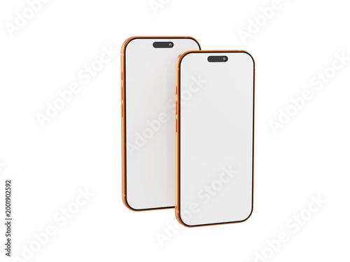 Two smartphones side-by-side with blank screens. Perfect for showcasing apps, websites, or phone design. Modern