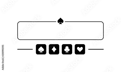 Minimalist black and white graphic design featuring playing card suits, including spade, diamond, club, and heart symbols, with a central rectangular frame.
