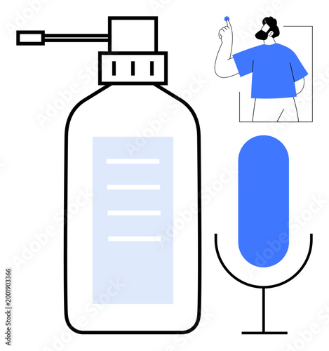 Personal hygiene, digital communication, online education, technology, wellness, and modern lifestyle. Large hygiene spray bottle, microphone and a man inserting an earbud. Personal hygiene