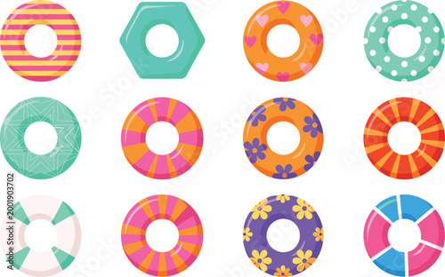 Colorful lifebuoy collection with different patterns, beach safety flotation rings set, summer seaside vector illustration isolated on white background