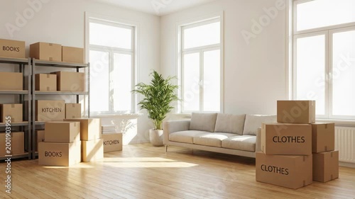 Bright room with moving boxes labelled books, kitchen, and clothes during relocation. Furniture and storage shelves ready for new home setup.