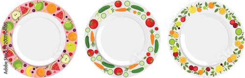 Decorative Plate Set with Fruit, Vegetable and Herbal Border Designs Vector Illustration for Healthy Food Presentation, Kitchen Decor, and Restaurant Menu Concepts