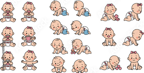 Cute baby characters collection with different poses and emotions, adorable toddler cartoon set with toys, vector illustration isolated on white background
