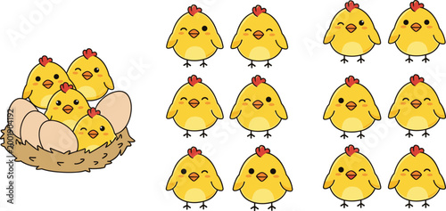 Cute baby chicks collection with nest and eggs, adorable cartoon chicken characters set, farm animal vector illustration isolated on white backgroun