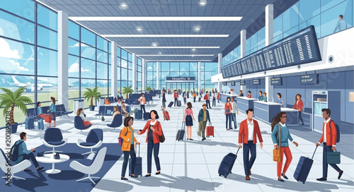 Busy Airport Terminal with Travelers and Check-in Counters.