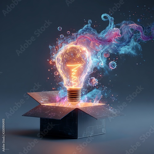 A creative light bulb with colorful smoke emerging from an open box, symbolizing innovative ideas and creativity.