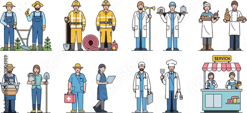 Diverse Collection of Vector Illustrations Featuring Various Professions such as Farmer, Firefighter, Doctor, Chef, and More for Business, Educational, and Social Media Use