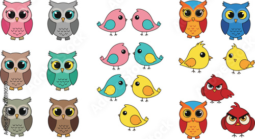 Cute cartoon birds and owls collection with different colors and expressions, small adorable bird characters set vector illustration isolated on white background