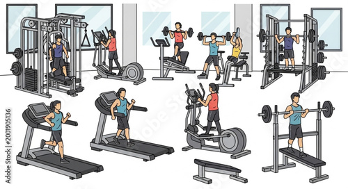 People Exercising in Gym Fitness Equipment Workout.