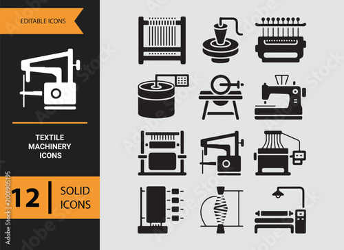 textile production machines glyph icons for fabric manufacturing systems
