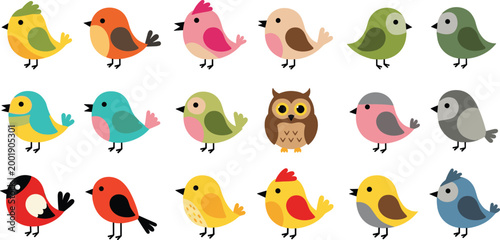 Cute cartoon birds collection with different species and colors, small songbirds and owl characters set, colorful wildlife vector illustration isolated on white background
