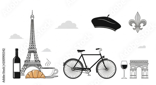 Collection of Iconic Parisian and French Symbols Including Eiffel Tower Wine Bicycle and Croissant.