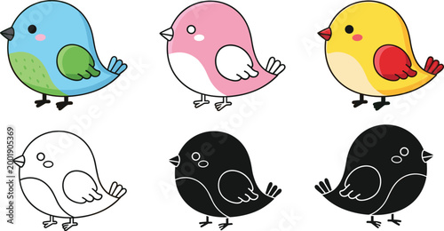 Cute cartoon birds set with colorful and silhouette styles, small adorable bird characters collection, simple vector illustration isolated on white background