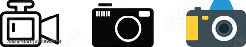 Digital camera and video recorder vector icon set featuring photography and media equipment in colorful flat and black silhouette styles isolated on white.