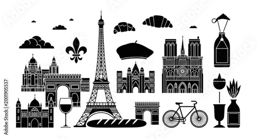Silhouette of Paris Landmarks and Cityscape Scene.