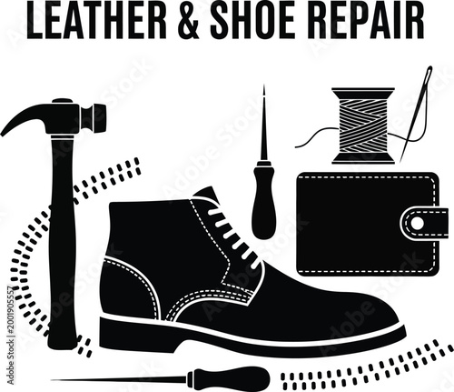 Black and white of shoe repair tools and accessories leather repair 1