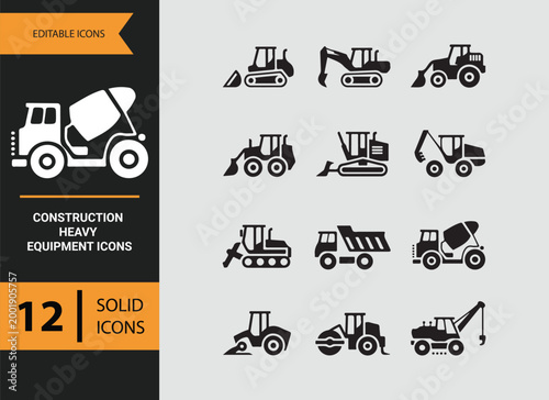 large construction vehicles glyph icons for heavy duty machinery set