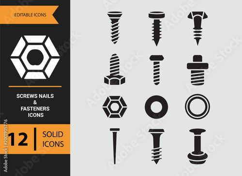 metal fasteners collection glyph icons for nails bolts and screws