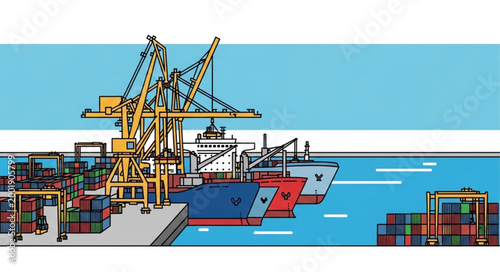 Cargo Ships Docked at Port with Containers and Cranes.