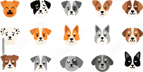 Cute cartoon dog faces collection with different breeds and expressions, simple flat puppy head icons set, adorable pet vector illustration isolated on white background