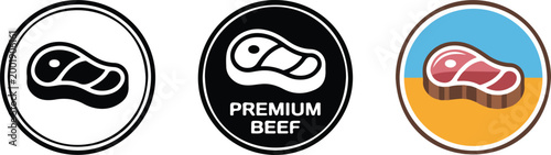 Premium beef steak vector icon set featuring raw meat fillet symbols in black silhouette and colorful flat circular badge styles isolated on white.