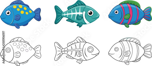 Cute cartoon fish collection with colorful and outline styles, tropical marine animals set, hand drawn vector illustration isolated on white background