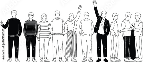 Diverse Group of People in Various Poses and Casual Outfits in Black and White Flat Vector Style for Social, Professional, and Marketing Applications
