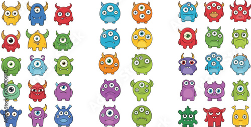 Cute cartoon monsters collection with colorful funny creatures and different expressions, fantasy alien characters set, vector illustration isolated on white background