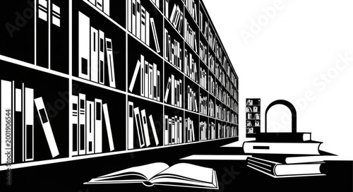 Black and White Illustration of Bookshelves with Books and Reading Material.