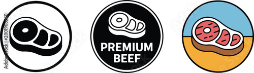 Premium beef steak vector icon set featuring raw meat fillet symbols in black silhouette and colorful flat circular badge styles isolated on white.