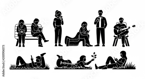 Sequence of People Engaged in Various Activities on White Background.
