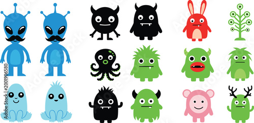 Cute cartoon monsters and aliens collection with funny characters and different shapes, colorful fantasy creature set, vector illustration isolated on white background