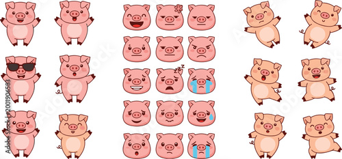 Cute cartoon pig characters collection with different poses and emotions, adorable farm animal set, funny pig vector illustration isolated on white background