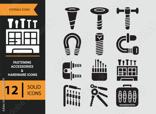 hardware fasteners set glyph icons for screws bolts and connectors