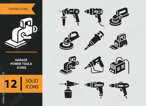 workshop electric tools glyph icons for mechanical repair equipment