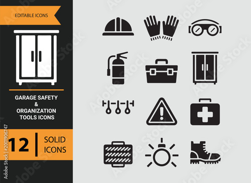 garage safety storage glyph icons for organized workshop essentials