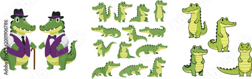 Cute crocodile characters collection with different poses and outfits, cartoon alligator animals set, funny reptile vector illustration isolated on white background