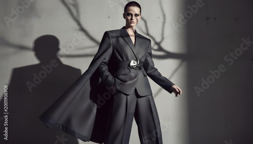 A stylish woman in a sharp structured grey suit with a cape blazer and belt poses against a dramatic shadowed concrete background