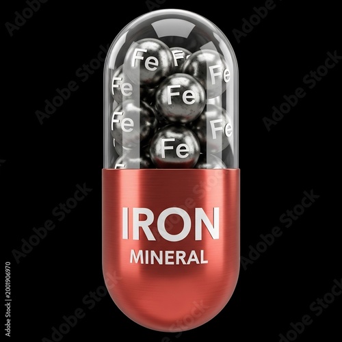 Illustrative 3D rendering of an iron mineral supplement capsule, packed with essential Fe elements, symbolizing vital nutrients for human health and overall well-being