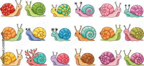 Cute colorful snail collection with various shell patterns and expressions, cartoon garden creatures set, playful vector illustration isolated on white background