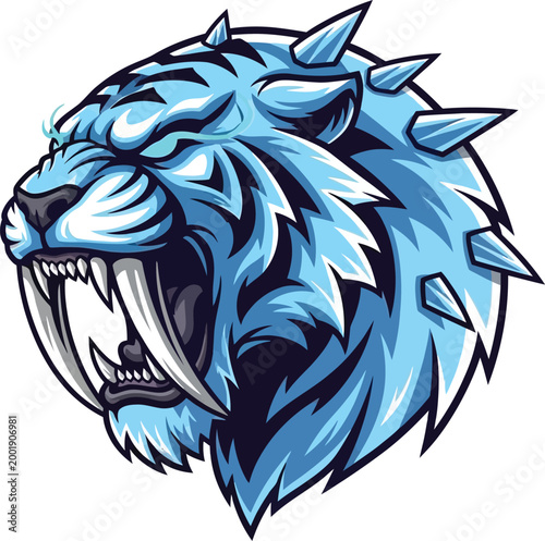 Sabertooth tiger head features icy blue fur and sharp crystalline spikes in a fierce predatory pose.