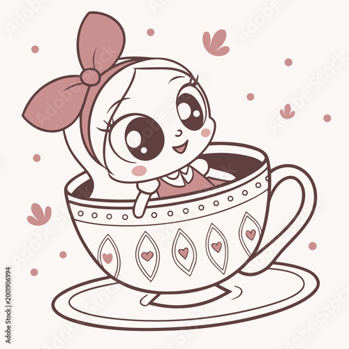 Cute little cartoon girl with a big bow sitting happily inside a decorated teacup with hearts and dots adorable graphic illustration adorable character drinkware decorative