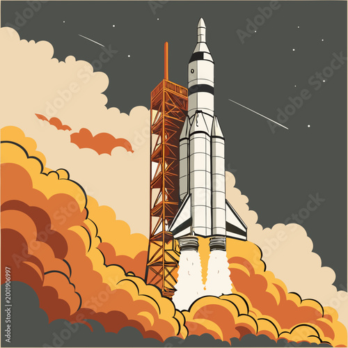 Powerful space rocket launching from a tower with huge orange smoke plumes and stars in the sky blast off technology exploration spacecraft spaceship industry ambition achievement progress