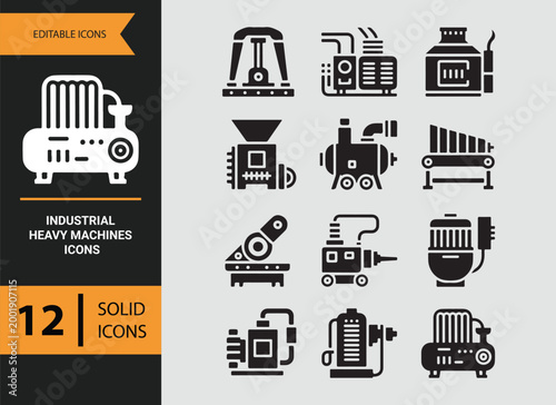 heavy industrial machines glyph icons for factory and engineering use
