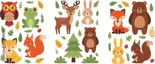 Cute forest animals collection with fox, bear, deer, rabbit, frog and owl, woodland cartoon characters set with leaves and plants vector illustration