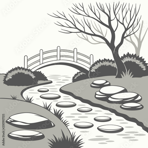 Fényképezés Traditional japanese garden landscape with curved arch bridge winding stream ste