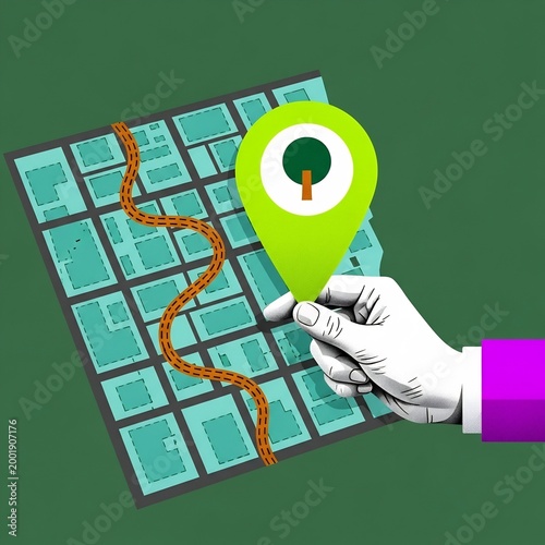 Illustration of a hand holding a green location pin with a tree icon over a map