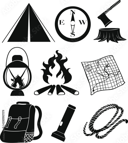 Adventure travel icons featuring camper van tent and mountains for wilderness exploration vector