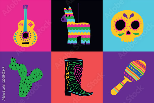 Authentic mexican culture icons for cinco de mayo event and restaurant branding vector
