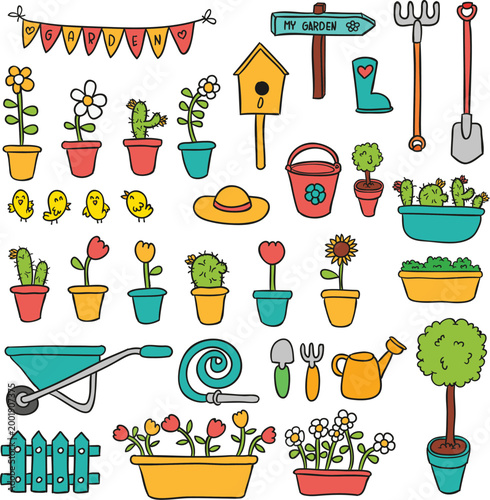 Black and white gardening elements including wheelbarrow and watering can set vector